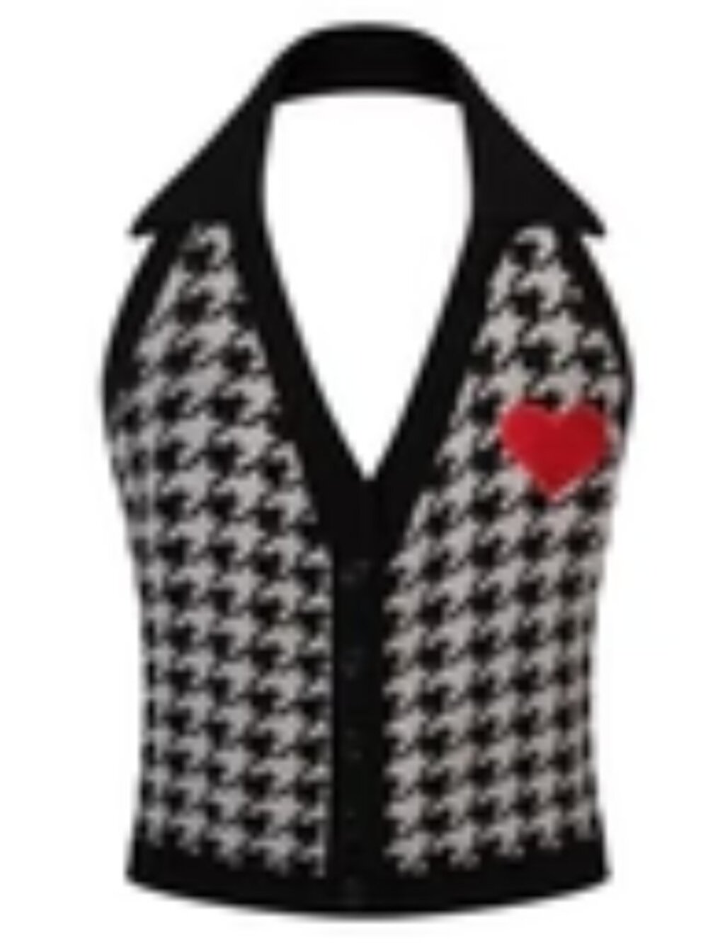 Women's Retro Houndstooth Heart Embroidered Halter Knit Vest Black S
